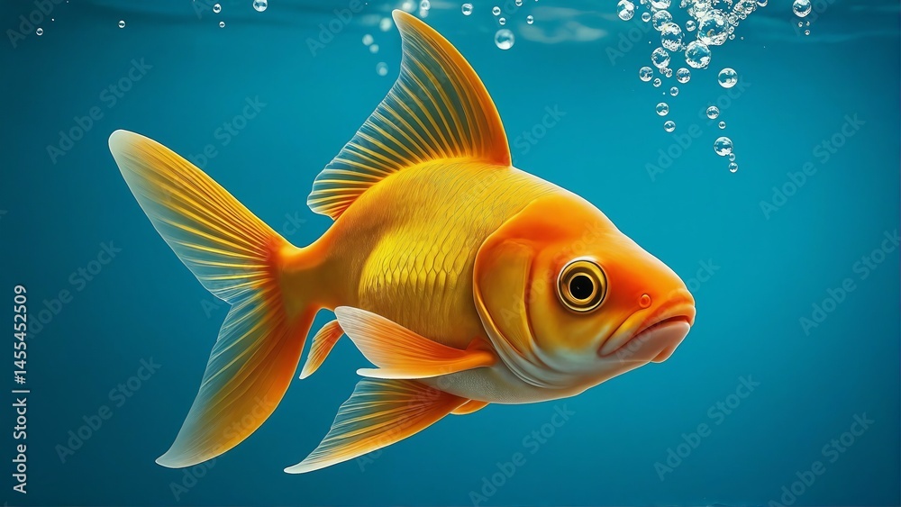 Naklejka premium Vibrant Goldfish Swimming Underwater with Air Bubbles on Blue Background, High-resolution image of a brightly colored goldfish swimming gracefully underwater, surrounded by air bubbles.