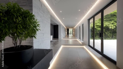 A long, light-filled hallway with a carpeted floor offers an empty passage through the hotel interior, revealing a door to a guest room