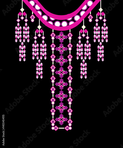 Pink and white geometric necklace with beads. Boho style. Vector illustration. Design for neck border and women's blouse.