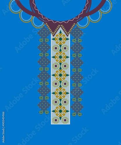 Damask floral with ethnic pattern in the style of embroidery on a blue background. Design for neck border, shirt, and women's blouse.