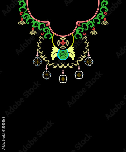 Necklace with precious stones on a black background. Vector illustration. Design for neck border and women's blouse.