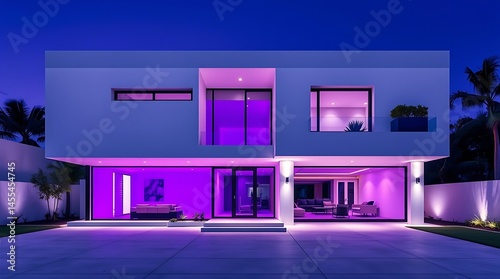 High-resolution stock photo of an ultra-modern minimalist home exterior sleek white facade, large glass panels, flat roof. Deep ultraviolet hues, vivid purples, high contrast, professional quality