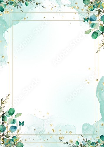 Elegant Watercolor Floral Border Background with Gold Accents for Invitation or Stationery