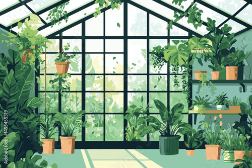 vector greenhouse with plants and flowers