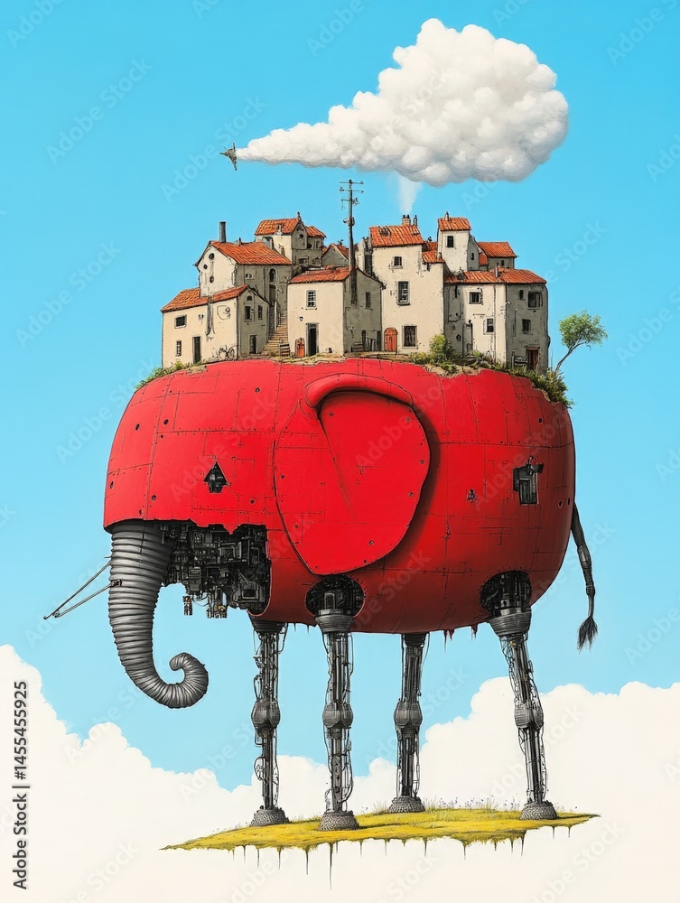 Surreal Dreamscape with Machines and a Floating House on an Elephant