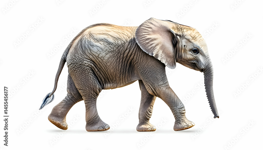 Fototapeta premium Adorable baby African elephant walking, isolated on white background. Perfect for children's books, wildlife documentaries, and educational projects.