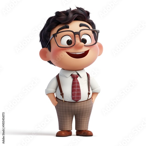Happy Cartoon Boy Character Wearing Glasses and a Plaid Suit Smiling 3D Rendered Illustration
