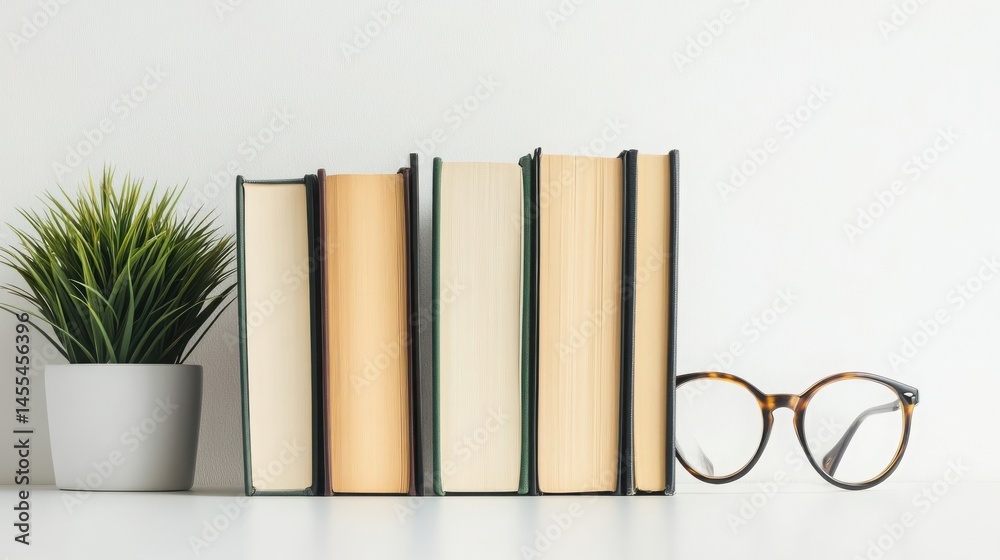 Naklejka premium Stack of Books with Plant and Glasses on White Background