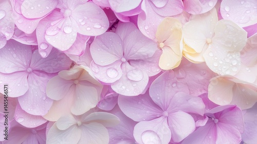 Soft Pink and White Hydrangea Petals with Water Droplets on Surface