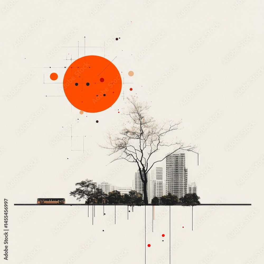 Vintage Scene of Urban Mapping with Artificial Intelligence Elements