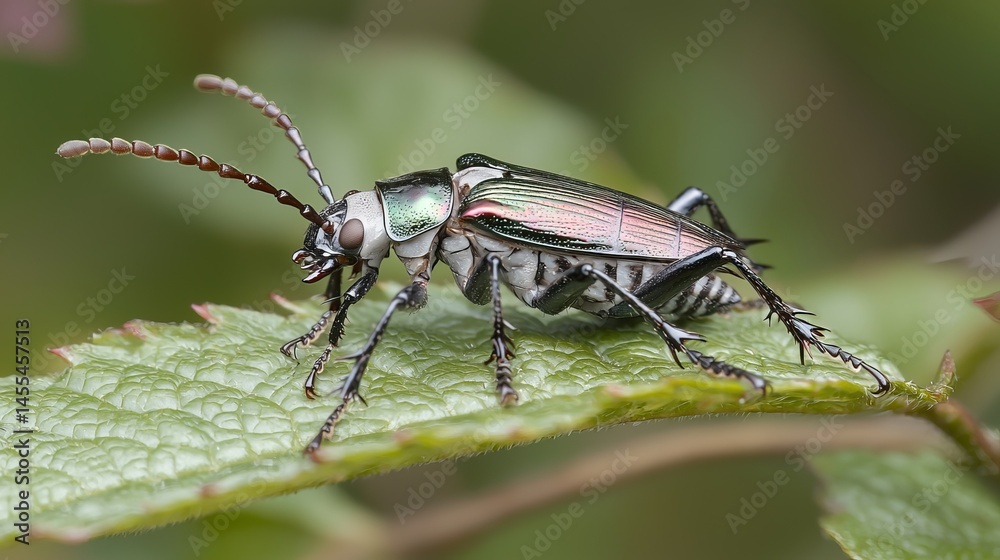 Fototapeta premium Colorful Beetle on Green Leaf in Natural Outdoor Environment