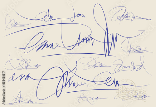 Signatures set. set Fictitious handwritten signatures, unique signature, Hand written signature, Autograph signatures pack, Document signatures of personal name letters, Fake signature. signature pen,