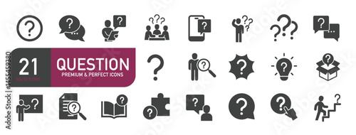 Set of glyph solid icons related to question, inforamtion, help, think. Glyph solid icons collection. Vector illustration