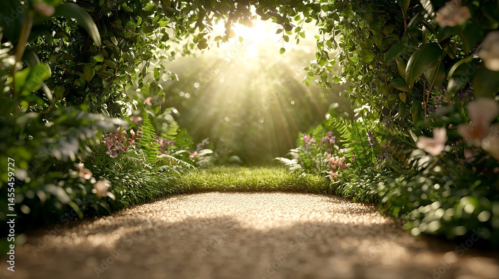 Fototapeta premium Serene Garden Pathway Surrounded by Lush Greenery and Light