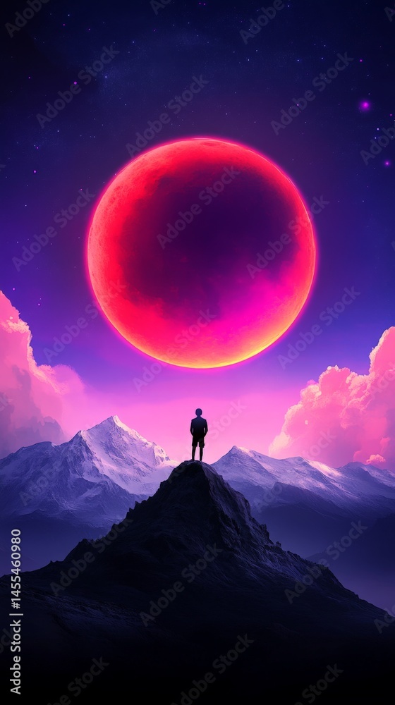 Surreal Fantasy Art Scene with Giant Fiery Moon and Mountain View