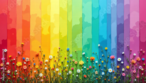 Colorful organic wallpaper background featuring vibrant rainbow gradient with blooming flowers at bottom, creating cheerful and lively atmosphere