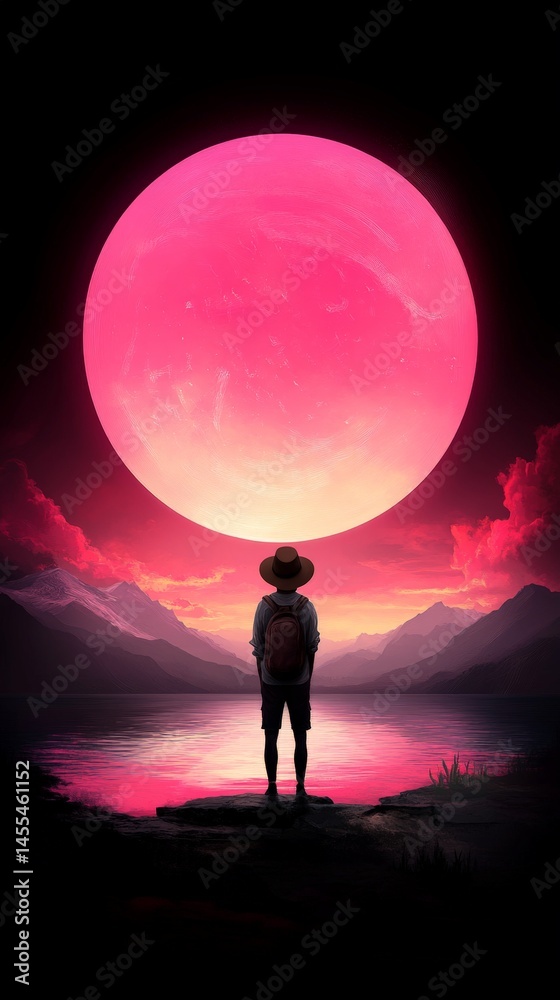 Surreal Fantasy Scene with Majestic Pink Moon and Traveler Reflection
