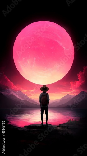Surreal Fantasy Scene with Majestic Pink Moon and Traveler Reflection