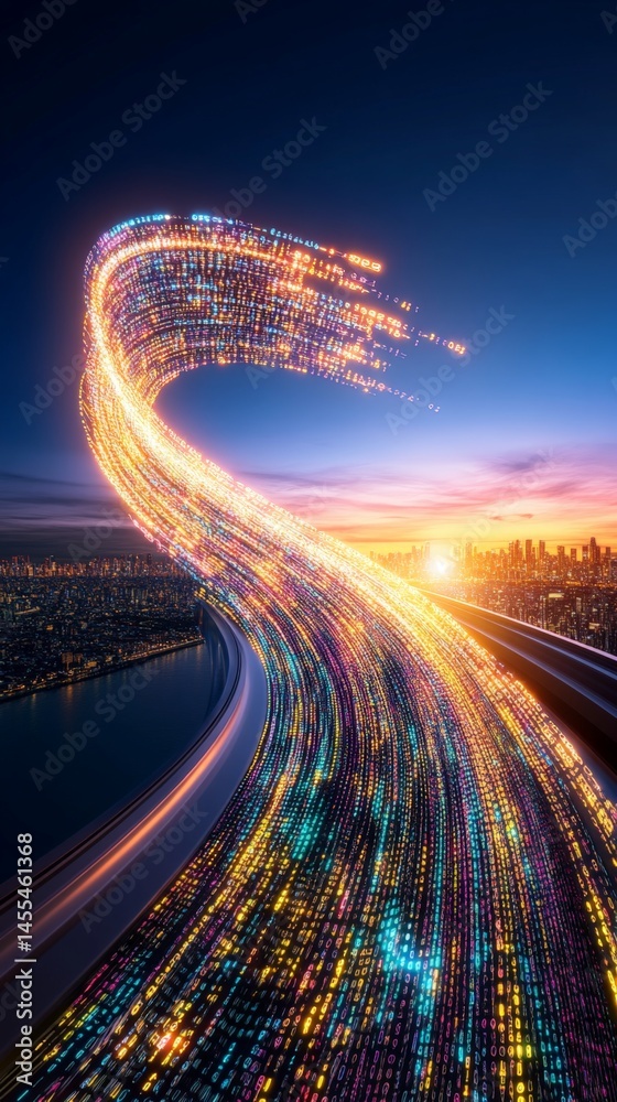 Vibrant Futuristic Design Showcasing Rapid Data Flow in Cityscape