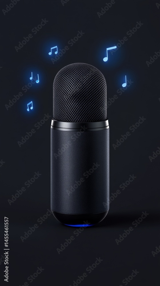 Futuristic Digital Assistant Microphone with Musical Notes on Black