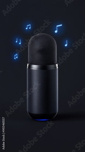 Obraz na płótnie Futuristic Digital Assistant Microphone with Musical Notes on Black w salonie