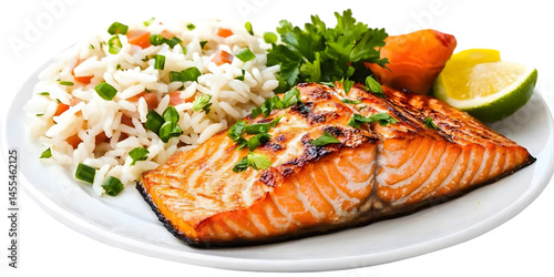 Isolated Photo of Delicious Grilled Salmon with Rice and Fresh Vegetables