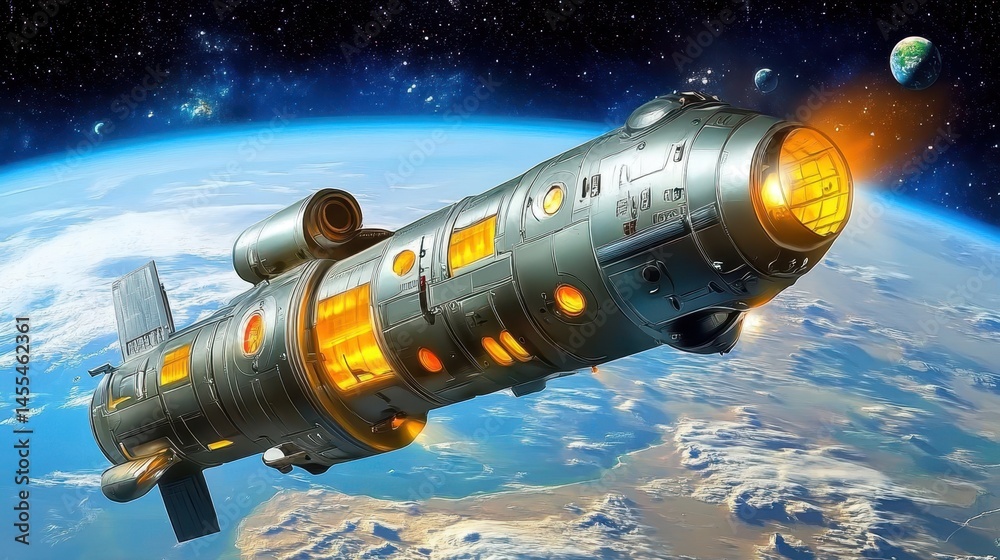 Obraz premium Extraterrestrial Starship Launching Beyond Earth's Orbit