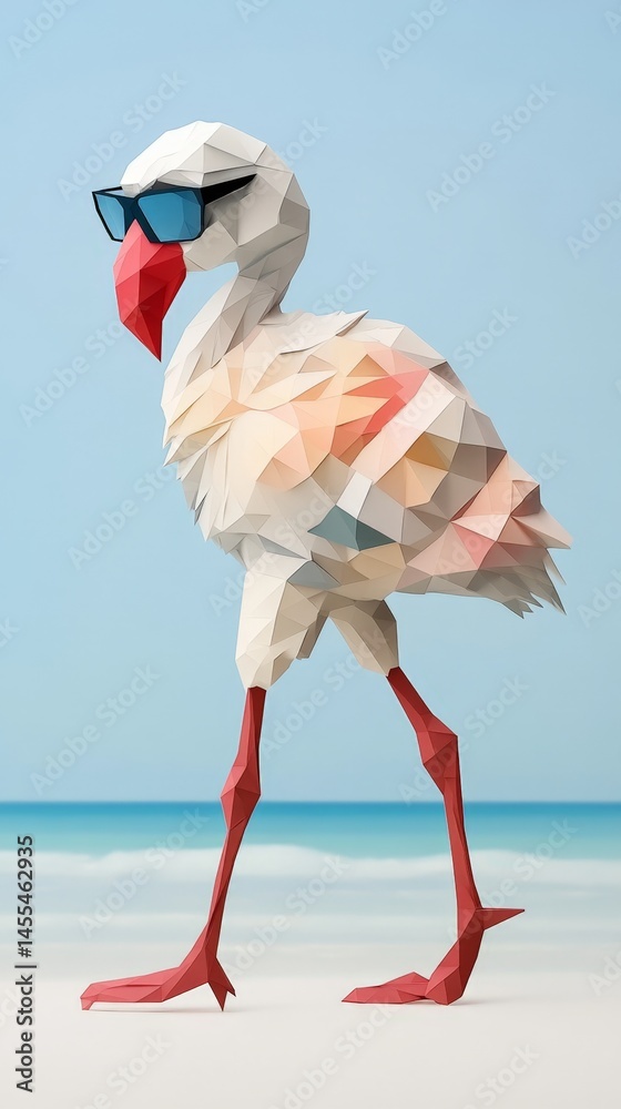 Low Poly Digital Art Representation of Flamingo Walking on Beach