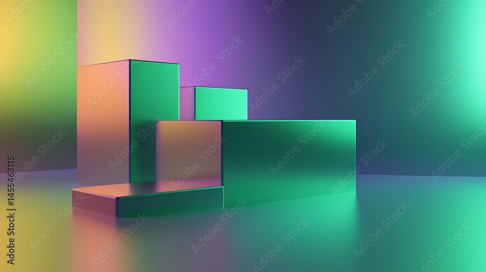 Geometric display podiums, vibrant studio Geometric display podiums, vibrant studio
