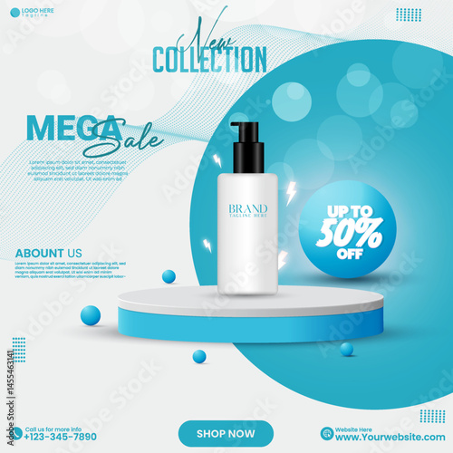 Social media product advertisement poster design. Blue color abstract empty podium design vector. 3D realistic cosmetics product sale social media poster design with a cylinder empty podium. 