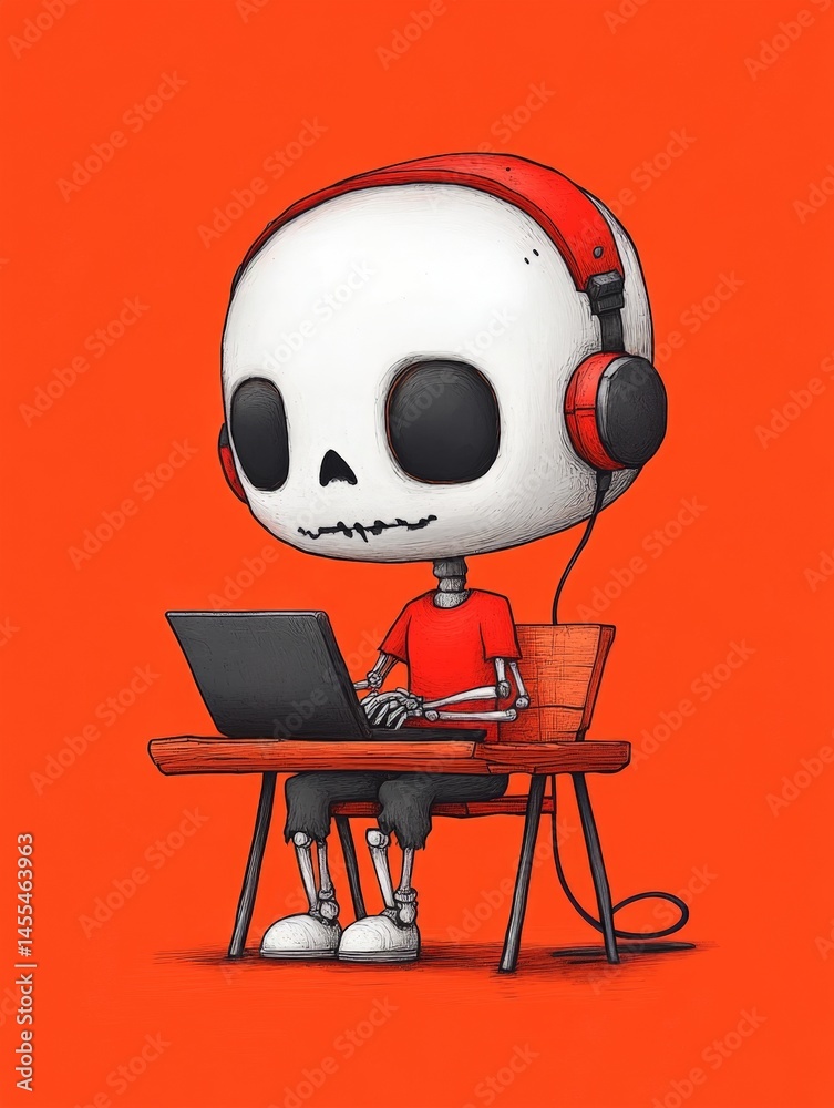 Cute Skeleton Character Engaged in Digital Art Processing Activity