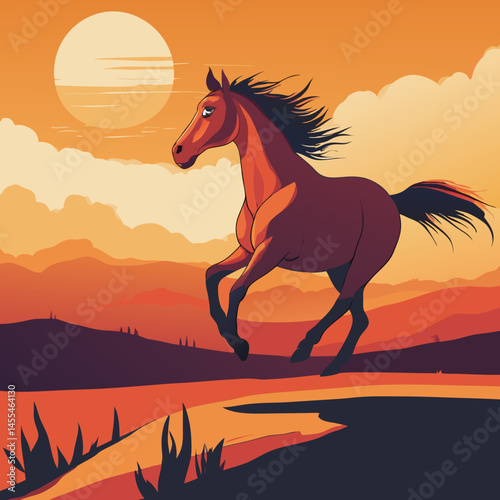 Sunset Wild Horse Illustrations – Majestic Stallions in Desert Landscapes