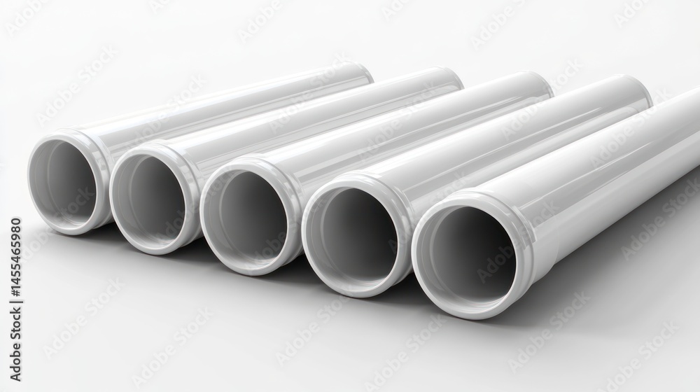 Fototapeta premium Five White PVC Pipes Studio Shot: Industrial Product Photography