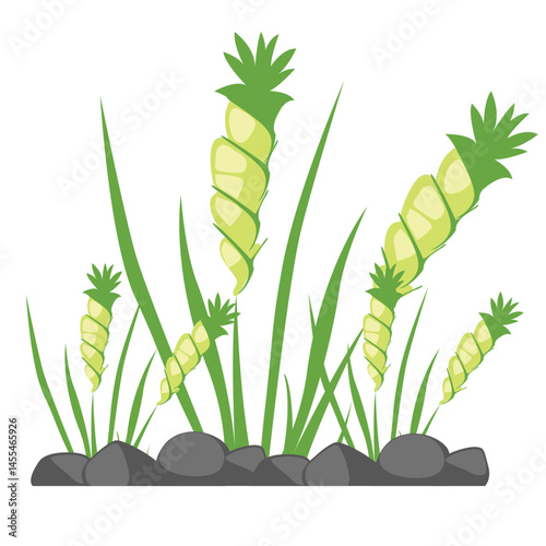 An illustration of vibrant yellow cone-shaped flowers with lush green leaves, surrounded by gray rocks. A botanical composition ideal for nature-themed designs and garden projects.