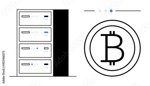 Server racks paired with Bitcoin symbol signify cryptocurrency mining, blockchain innovation, data security, digital finance, decentralized systems, fintech evolution, and a simple landing page
