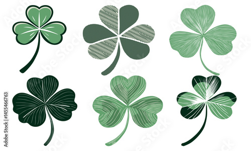 Shamrock leaf green symbol of lucky vector on white background.Leaves icons set element St Patrick's day celebrate.Hand drawn stock illustration isolated Irish flat style.For Poster,Card,Social,decor.