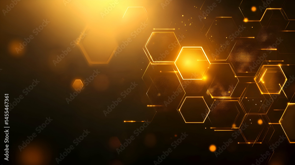 Obraz premium Abstract golden hexagon pattern, glowing network, technology background. Ideal for presentations, websites, and tech-related designs.