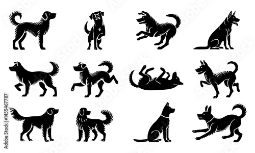 Dog silhouette playful poses vector set black in white background.Element collection stance different canine shadow illustration isolated flat style.Design for icon,sticker,logo,brand,package,decorate