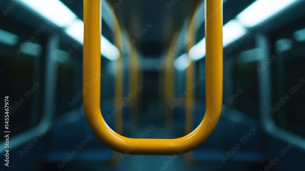 A yellow handrail inside an empty, modern subway train with blue lighting and blurred background. A yellow handrail inside an empty, modern subway train with blue lighting and blurred background.