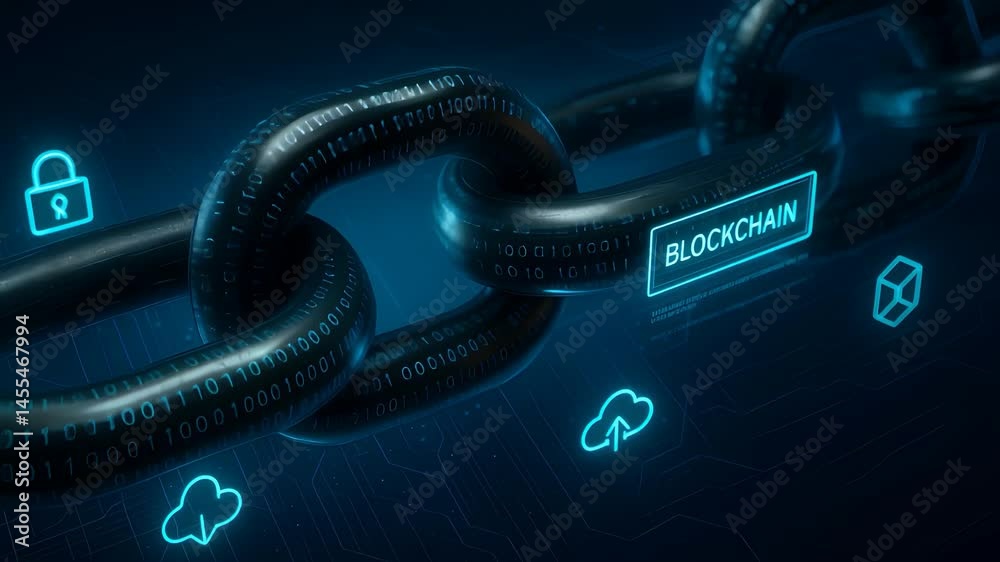 Digital Blockchain Chain with Cloud and Security Icons Representing Decentralized Data Technology and Cyber Protection System

