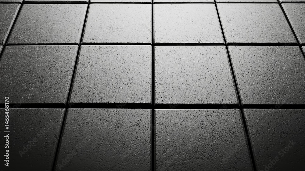 Naklejka premium A close-up view of textured, square black tiles arranged in a grid pattern with visible grout lines.