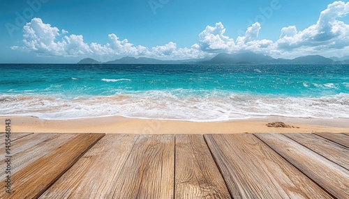 Wooden planks overlook a turquoise sea, with mountains in background. Perfect for travel blogs, product placement, and summer holiday promotions.