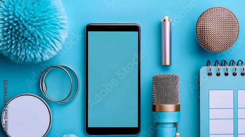 Stylish flat lay of a smartphone, microphone, gadgets, and accessories on a blue background.