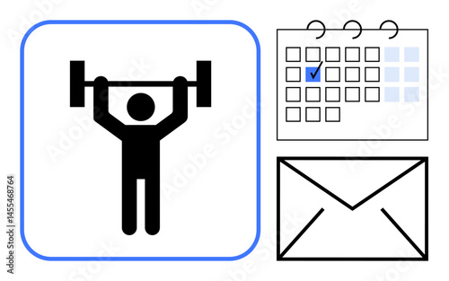 Person lifting barbell, marked calendar, and envelope highlight fitness routine, time management, and communication. Ideal for fitness, planning, motivation, lifestyle productivity commitment flat