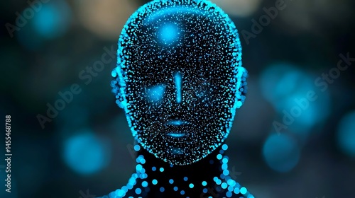 A digital humanoid face made of glowing blue dots against a dark, blurred background.