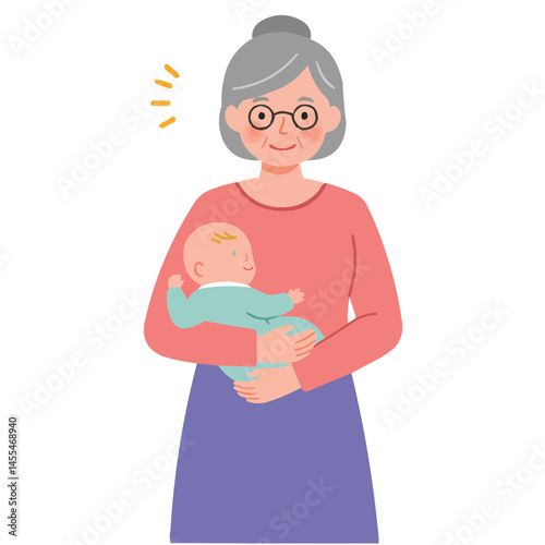 Senior woman holding baby - gentle grandmother with warm smile cradling newborn, creating atmosphere of family love and intergenerational bond.