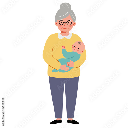 Senior woman holding baby - gentle grandmother with warm smile cradling newborn, creating atmosphere of family love and intergenerational bond.