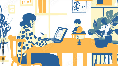 The child is accompanying his mother to work