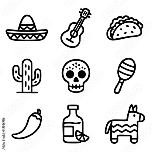 A set of doodle line icons featuring traditional Mexican food, music, symbols, and celebration items for cultural and festive visuals