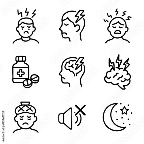 A set of doodle line icons showing symptoms, triggers, and treatments related to headaches and migraines for health and medical visuals